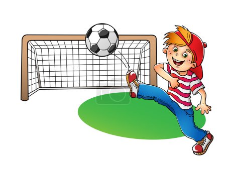 Boy in a red cap kicking a soccer ball