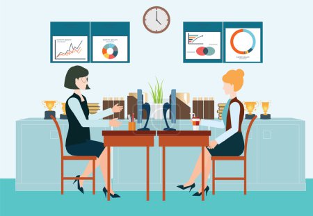 Illustration for Two business woman sitting at the table and working on the computer in the office , business conceptual vector illustration. - Royalty Free Image