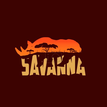 Illustration for Rhino silhouette logo with savanna text - Royalty Free Image