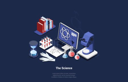 Ilustración de Conjunto isométrico de ciencia Artículos relacionados sobre fondo oscuro. Composición del vector en el estilo 3D de la historieta con la escritura. Monitor de computadora y fórmula en pantalla, guantes, microscopio, libros, tubos de prueba, cuaderno. - Imagen libre de derechos