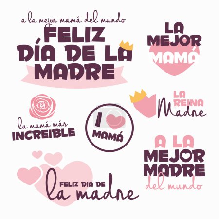 Feliz día de las madres. Conjunto de insignias, logotipos, etiquetas, signos y símbolos. Escrito en español
