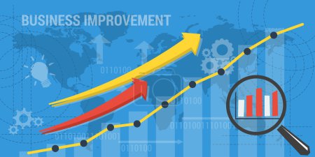 Ilustración de Antecedentes empresariales vectoriales. Mejora del concepto, crecimiento de la empresa o de los ingresos. Lupa con calendario de crecimiento, flechas ascendentes y líneas abstractas y elementos transparentes. Estilo plano. Infografía web - Imagen libre de derechos