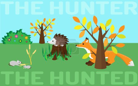 Illustration for The hunter or the hunted. Food chain in a wild life. Mouse, hedgehog, fox. - Royalty Free Image