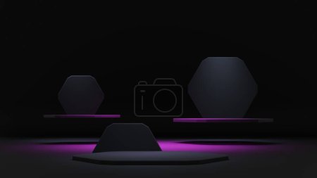 Marco de neón brillante sobre un fondo rosa. Exposición base hexágono podio. Plataforma, pedestal del producto. ilustración de renderizado 3d. Azul violeta llevó la luz de neón. Fondo tecnológico para smartphone