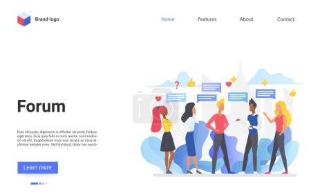 Ilustración de Foro de chat en línea concepto de conversación ilustración vectorial. Dibujos animados grupo de personas de pie juntos, hablando de diálogo virtual, charlando en las redes sociales, internet comunicación tecnología landing page - Imagen libre de derechos