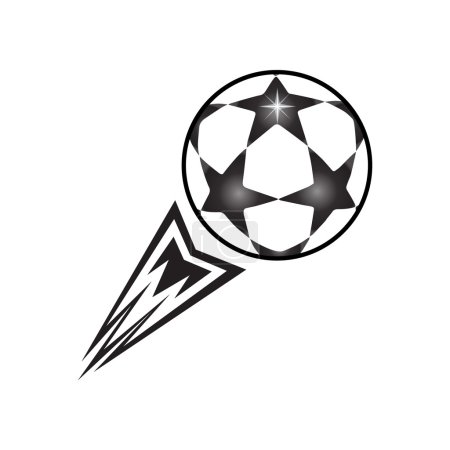 Illustration for Ball fly. Soccer Ball with tail fire flame, fly away. Winter European Championship Soccer Ball stars print. Soccer ball logo design. Soccer ball icon template for brochure, flyer, poster, label t-shirt print graphic design. Football winner banner w&b - Royalty Free Image