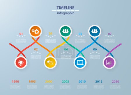 Ilustración de Plantilla de línea de tiempo de infografías con círculos coloridos realistas para 7 pasos e iconos. Se puede utilizar para el diseño del flujo de trabajo, diagrama, opciones de número, opciones de intensificación, diseño web, infografías, presentaciones - Imagen libre de derechos