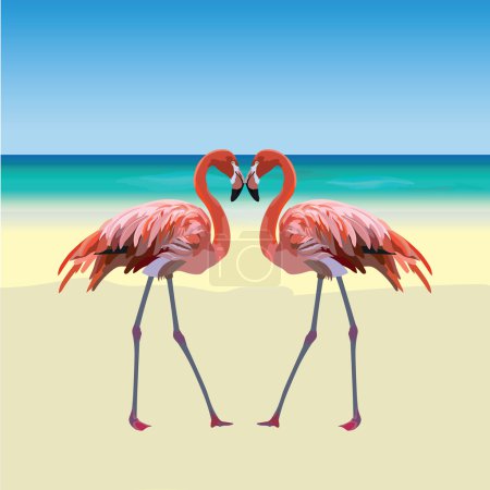 Téléchargez les illustrations : Deux flamants roses formant un cœur. Tropic Exotic Beach fond. Summer Vector Carte de voyage - en licence libre de droit