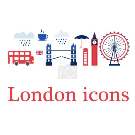 Illustration for Set of London icons.  Perfect for courses or school in London. Big Ben, London bus, red phone box, Tower bridge Also can be used like logo travel agency. Made in vector. - Royalty Free Image