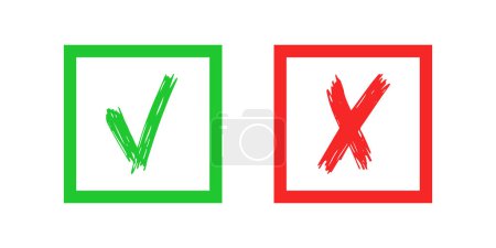 Ilustración de Elementos de jaque y cruz dibujados a mano aislados sobre fondo blanco. Grunge garabato verde marca de verificación OK y rojo X en iconos cuadrados. Ilustración vectorial - Imagen libre de derechos