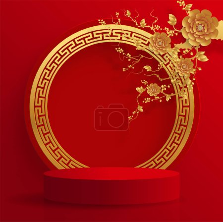 Illustration for Podium round stage podium and paper art Chinese new year,Chinese Festivals, Mid Autumn Festival , red paper cut ,flower and asian elements with craft style on background. - Royalty Free Image