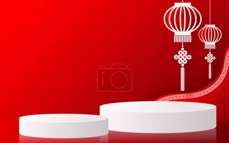 Illustration for Podium round stage podium and paper art Chinese new year,Chinese Festivals, Mid Autumn Festival , red paper cut ,flower and asian elements with craft style on background. - Royalty Free Image