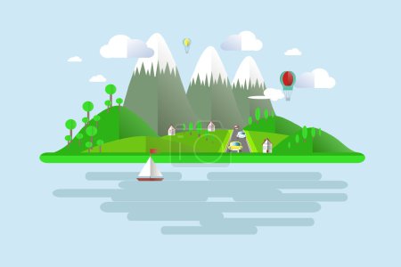 Islands, green hills, grey mountains with white peaks, blue skies, water, trees, balloons, boat sails, home, white clouds, road, cars, shade. Modern flat design, vector