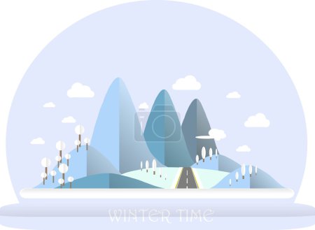 Serie vier Staffeln. Berglandschaft mit Straße im Winter. modernes flaches Design, Designelement