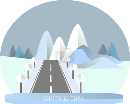 Serie cuatro temporadas. Paisaje de montaña con carretera en invierno. Diseño plano moderno, elemento de diseño, vector

