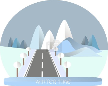 Illustration for Series four seasons. Mountain landscape with road in winter time. Modern flat design, design element, vector - Royalty Free Image