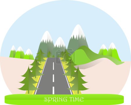 Serie cuatro temporadas. Paisaje de montaña, camino en primavera, abetos. Diseño plano moderno, elemento de diseño, vector
