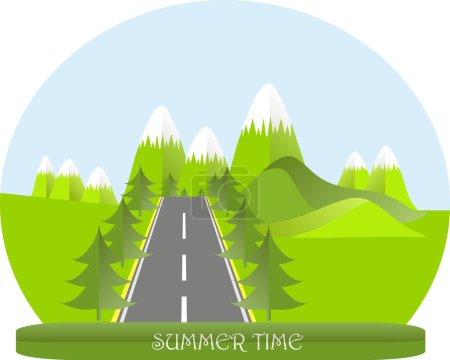 Serie cuatro temporadas. Paisaje de montaña, carretera en verano, abetos. Diseño plano moderno, elemento de diseño, vector
