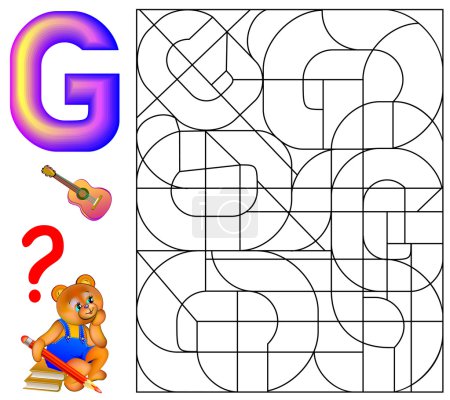 Educational page with letter G for study English. Logic puzzle. Find and paint 5 letters G.