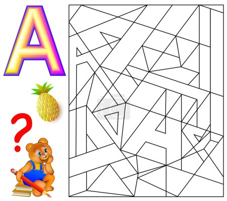 Educational page with letter A. Logic puzzle. Find and paint 5 letters A.