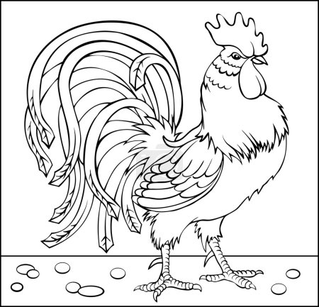 Page with black and white drawing of rooster for coloring. Developing children skills for drawing. Vector image.