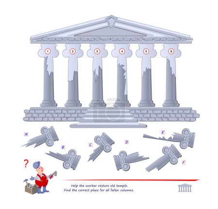 Lógica juego de puzzle para niños y adultos. Ayuda al trabajador a restaurar el antiguo templo. Encontrar el lugar correcto para todas las columnas caídas. Página imprimible para niños libro de teaser cerebral. Desarrollo del pensamiento espacial.