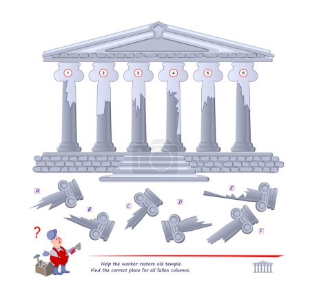 Illustration for Logic puzzle game for children and adults. Help the worker restore old temple. Find the correct place for all fallen columns. Printable page for kids brain teaser book. Developing spatial thinking. - Royalty Free Image