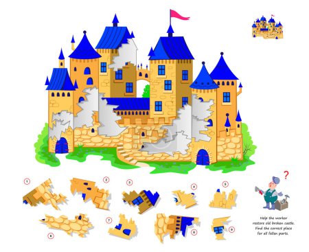 Lógica juego de puzzle para niños y adultos. Ayuda al trabajador a restaurar el viejo castillo roto. Encuentre el lugar correcto para todas las partes. Página para niños libro de teaser cerebro. Desarrollar el pensamiento espacial. Jugar en línea.