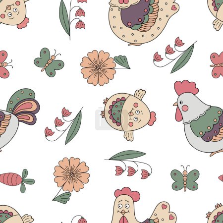 Photo for Vector graphic seamless pattern with funny chicken family on a white background. Childish flat style. - Royalty Free Image