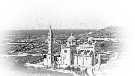 Famous Ta Pinu church on the Island of Gozo - Malta from above - aerial illustration