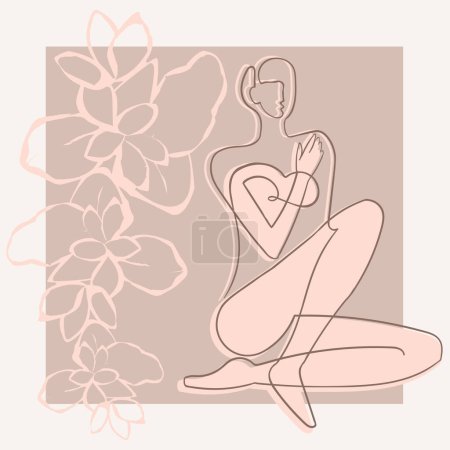 Téléchargez les illustrations : Illustration vectorielle du corps de la femme sur fond floral abstrait. Un dessin de ligne. Utilisez-le comme carte de voeux, affiche, bannière, message sur les médias sociaux, impression de mode, invitation, vente, brochure - en licence libre de droit