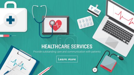 Illustration for Doctor's destop with medical and healthcare tools, computer and tablets - Royalty Free Image