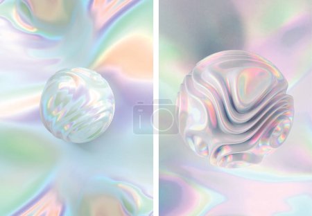 Plantilla holográfica de diseño de fondo con forma abstracta de metal líquido pastel. Renderizado 3D