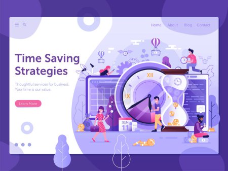 Illustration for Work timing management landing page template with office people developing business strategy application. Time saving web banner with developers team, calendar and clocks. Save your time concept. - Royalty Free Image