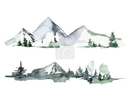 Téléchargez les photos : Aquarelle hiver paysage minimaliste de montagnes, de neige et d'arbres. Illustrations abstraites peintes à la main de sapins isolés sur fond blanc. Pour la conception, l'impression, le tissu ou le fond - en image libre de droit