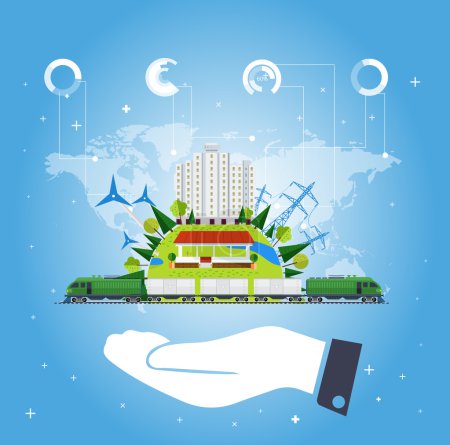 Ilustración de Vector, paisaje industrial con molinos de viento, líneas eléctricas, eco-fábricas con la imagen de la estación de tren y elementos de diseño en tableta - Imagen libre de derechos