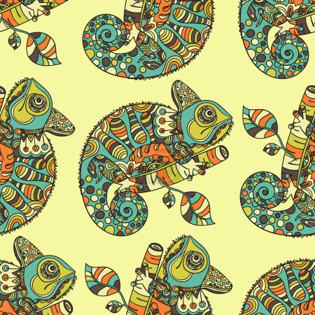Photo for Seamless pattern with hand drawn chameleon. Ethnic tribal styled pattern. Colored zentangle lizard. Boho design. Vector. - Royalty Free Image