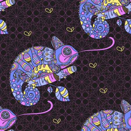 Photo for Seamless pattern with hand drawn chameleon. Ethnic tribal styled pattern. Colored zentangle lizard. Boho design. Vector. - Royalty Free Image