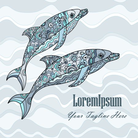 Photo for Vector hand drawn dolphins doodle illustration. Colored ornate dolphin on the waves. - Royalty Free Image
