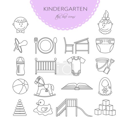 Illustration for Child and baby care center thin line icons. Kindergarten vector logo. Diaper, sandpit, slide, horse, ball, bottle, crib, pacifier. - Royalty Free Image