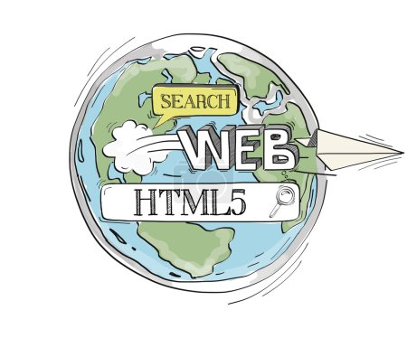 Ilustración de Planeta tierra dibujado con web de búsqueda, ilustración vectorial aislado en blanco, marco de la barra de búsqueda con texto: HTML5 - Imagen libre de derechos