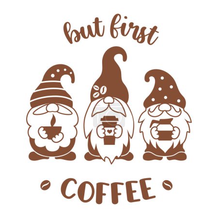 Gnomos con café. Diseño de silueta vectorial. Cita de café divertido, signo, emblema ot print.