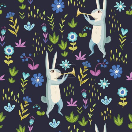 Téléchargez les illustrations : Lapins sur une clairière. motif sans couture vectoriel avec des caractères mignons et des éléments floraux - en licence libre de droit