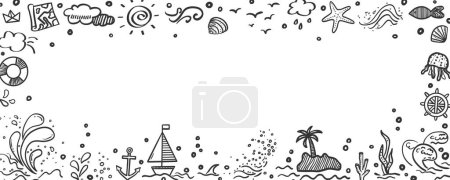 Ilustración de Elementos de vacaciones dibujados a mano en fondo enmarcado. Relájate. Marco de mano alzada. Signos y símbolos. Ilustración en blanco y negro - Imagen libre de derechos