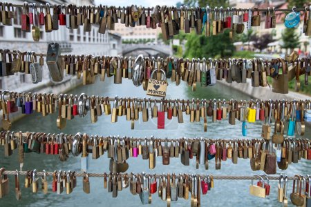 Love locks on Butcher's Bridge and Triple Bridge in Ljubljana, c