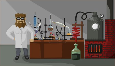 Ilustración de Químico barbudo en el fondo del laboratorio y cristalería de laboratorio - Imagen libre de derechos