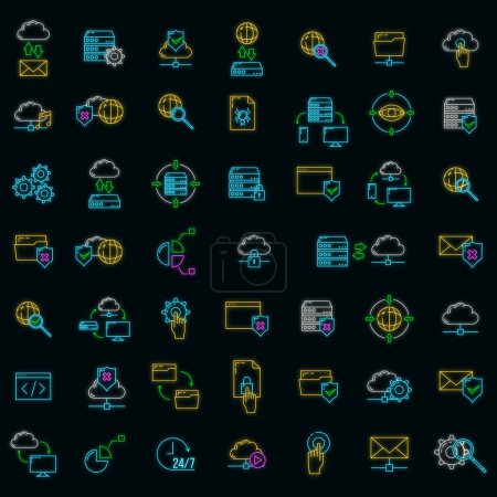 Ilustración de Conjunto de la base de datos en línea icono de la nube de ordenador estilo neón brillo, almacenamiento de datos proteger la información esquema ilustración vectorial plana, aislado en blanco. Concepto moderno servidor web herramienta de seguridad. - Imagen libre de derechos