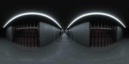 360 spherical paborama view of dark industrial style prison building interior hallway basement 3d render illustration hdri hdr style