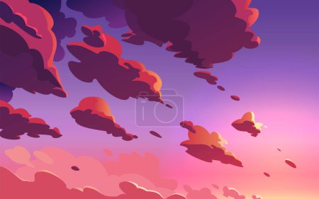 Hermoso cielo al atardecer, nubes con luz dramática. Atardecer con coloridas nubes de color rosa violeta. Ilustración estilo de dibujos animados. 