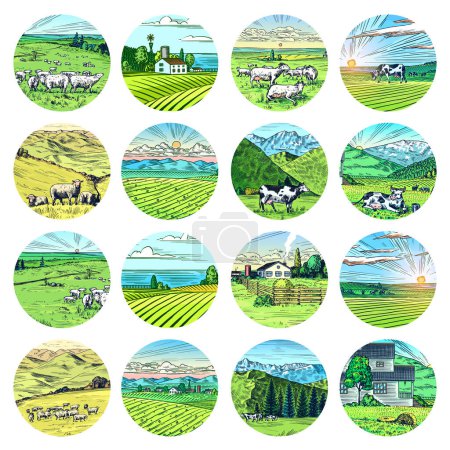 Téléchargez les illustrations : Ensemble de prairies rurales. Paysage villageois avec vaches, chèvres et agneau, collines et ferme. Vue panoramique sur la campagne ensoleillée. Croquis gravé à la main. Bannière rustique vintage pour enseigne, badge ou étiquette en bois - en licence libre de droit